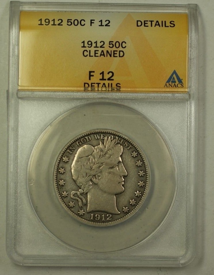 1912 Barber Half Dollar Silver 50C ANACS F-12 Details Cleaned Philadelphia: 1912 Barber Half Dollar Silver 50C ANACS F-12 Details Cleaned Philadelphia This is a 1912 Barber Half Dollar from the United States, composed of silver and minted in Philadelphia. The coin has been ce