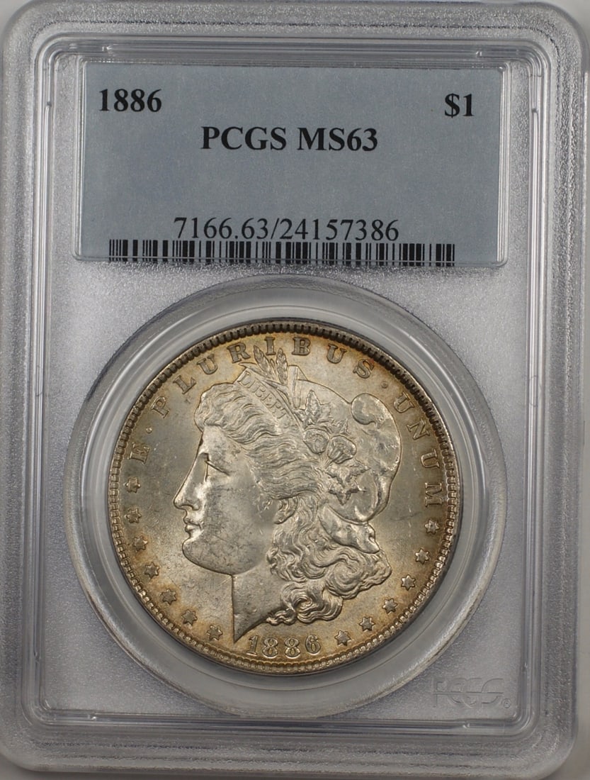 PCGS MS-63 1886 Silver Morgan Dollar Philadelphia Lightly Toned: PCGS MS-63 1886 Silver Morgan Dollar Philadelphia Lightly Toned This 1886 Morgan Silver Dollar features a $1 denomination and was minted in Philadelphia. Certified by PCGS with a grade of MS-63, the c