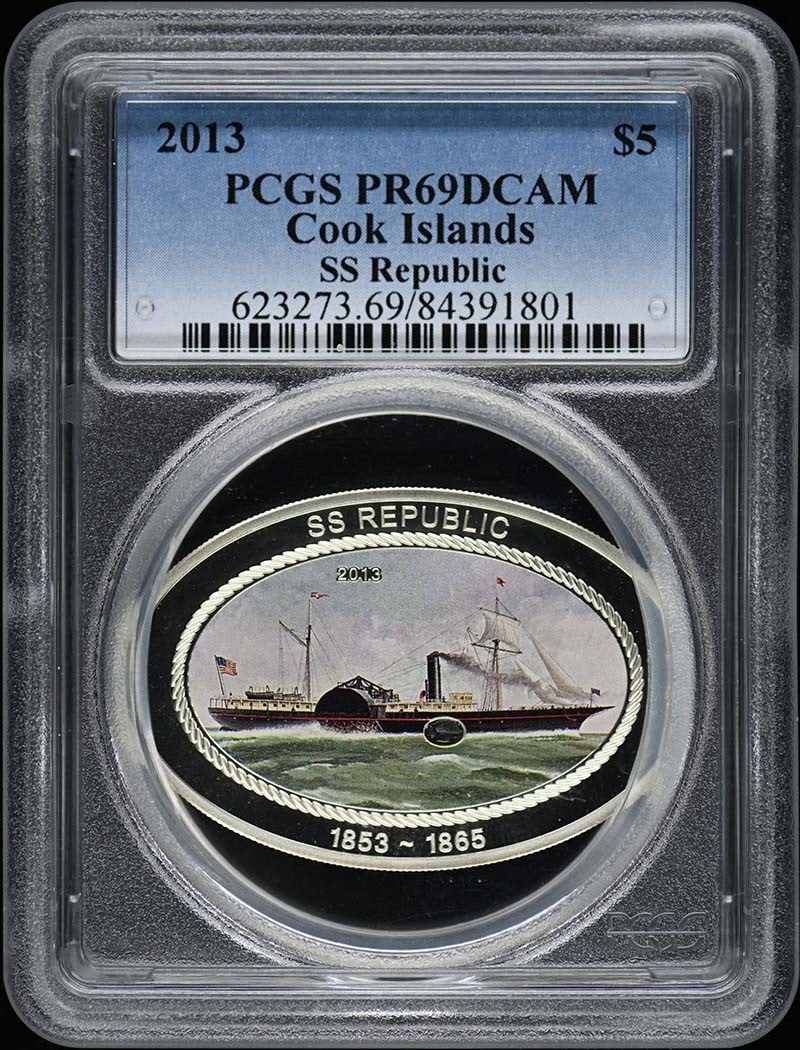 2013 Cook Islands $5 SS Republic Coin PCGS MS69CAM Certified: 2013 Cook Islands $5 SS Republic Coin PCGS MS69CAM Certified This 2013 Cook Islands $5 coin features a stunning design and holds the prestigious First Strike designation. Certified by PCGS with a grad