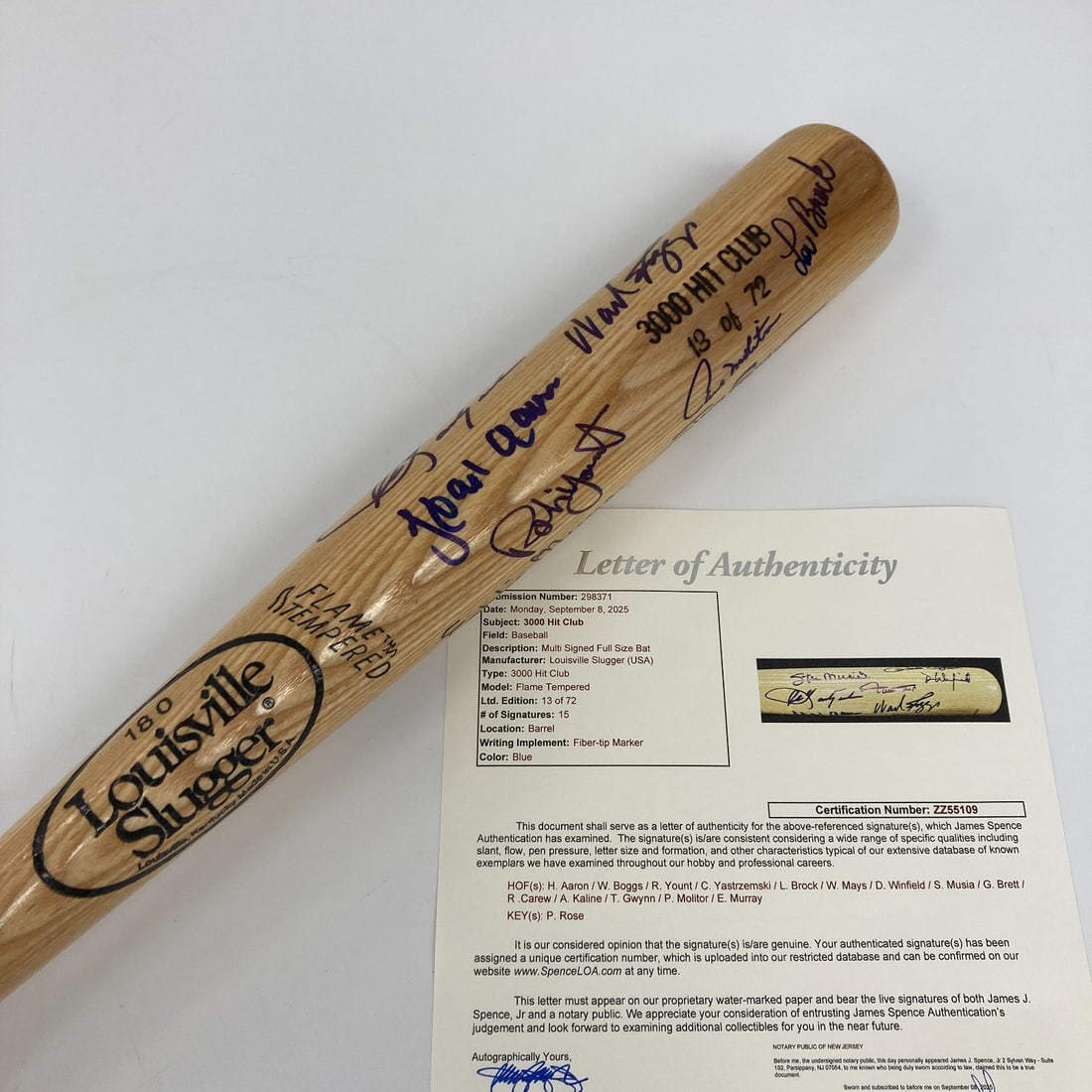 Limited Edition 3000 Hit Club Signed Bat JSA Authenticated Mays Aaron: Limited Edition 3000 Hit Club Signed Bat JSA Authenticated Mays Aaron Celebrate baseball history with this stunning, limited-edition Louisville Slugger bat from the "3000 Hit Club," signed by fifteen