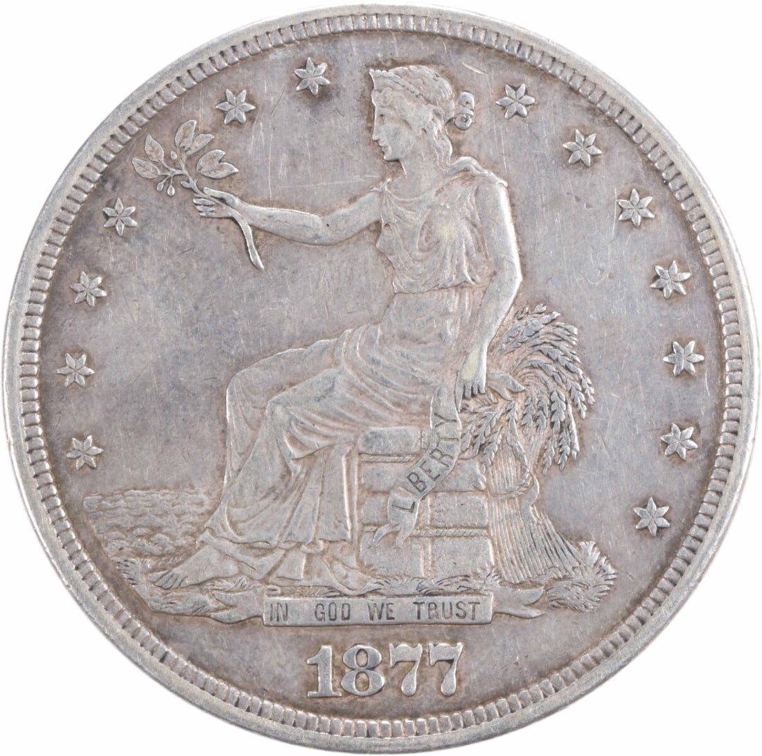 1877-S Trade Dollar 90% Silver William Barber Design Uncertified: 1877-S Trade Dollar 90% Silver William Barber Design Uncertified This 1877-S Trade Dollar, featuring a design by William Barber, is a remarkable piece of numismatic history. Minted in San Francisco, t