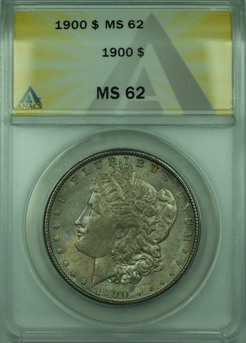 ANACS MS-62 1900 Silver $1 Morgan Dollar with Toning: ANACS MS-62 1900 Silver $1 Morgan Dollar with Toning This is a 1900 Morgan Silver Dollar with a $1 denomination, certified by ANACS and graded MS-62. The coin features natural toning and was minted in