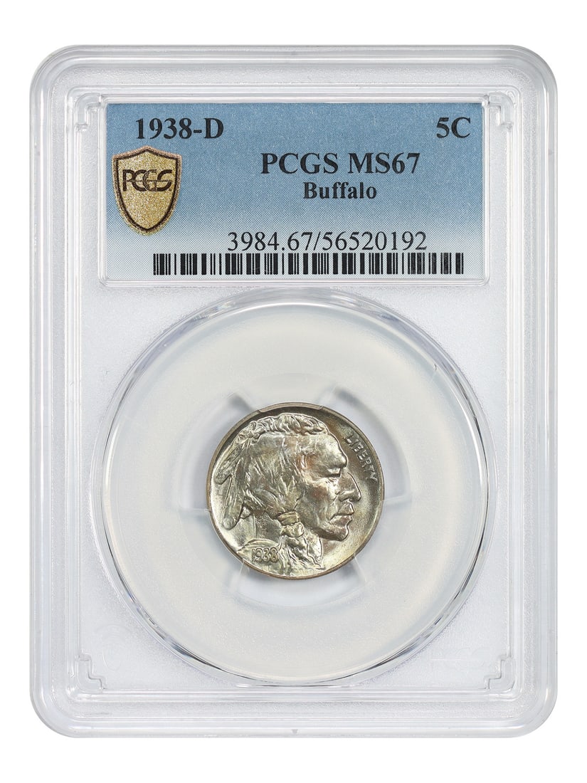 PCGS MS67 1938 Denver Mint Buffalo Nickel Five Cent Coin: PCGS MS67 1938 Denver Mint Buffalo Nickel Five Cent Coin This is a 1938-D Buffalo Nickel graded MS67 by PCGS. The coin is uncirculated and has been certified with the PCGS certification number 5652019
