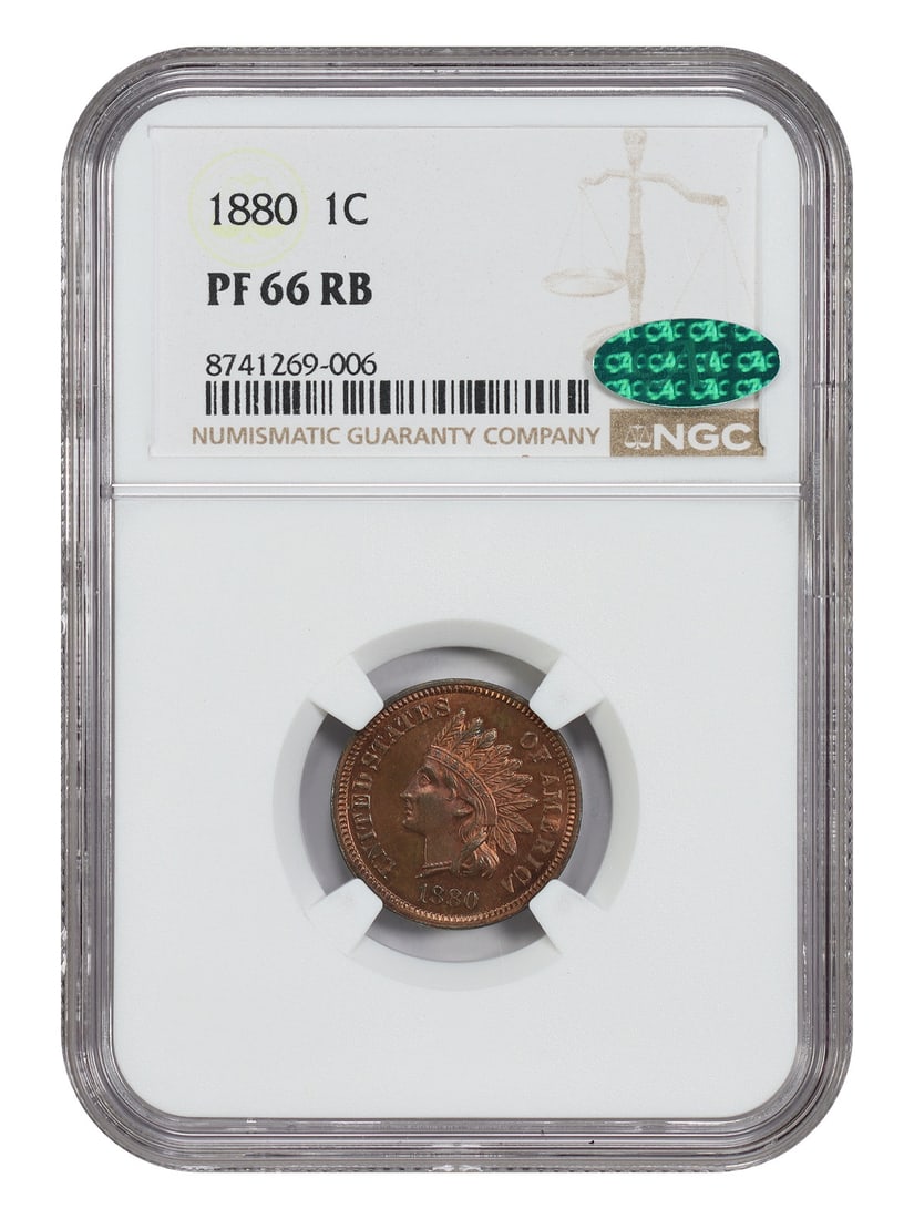 1880 Proof Indian Cent PR66RB NGC CAC Certified: 1880 Proof Indian Cent PR66RB NGC CAC Certified This 1880 Indian Cent is a proof issue graded PR66RB by NGC and verified by CAC for quality. Struck in Philadelphia, it displays attractive orange and o