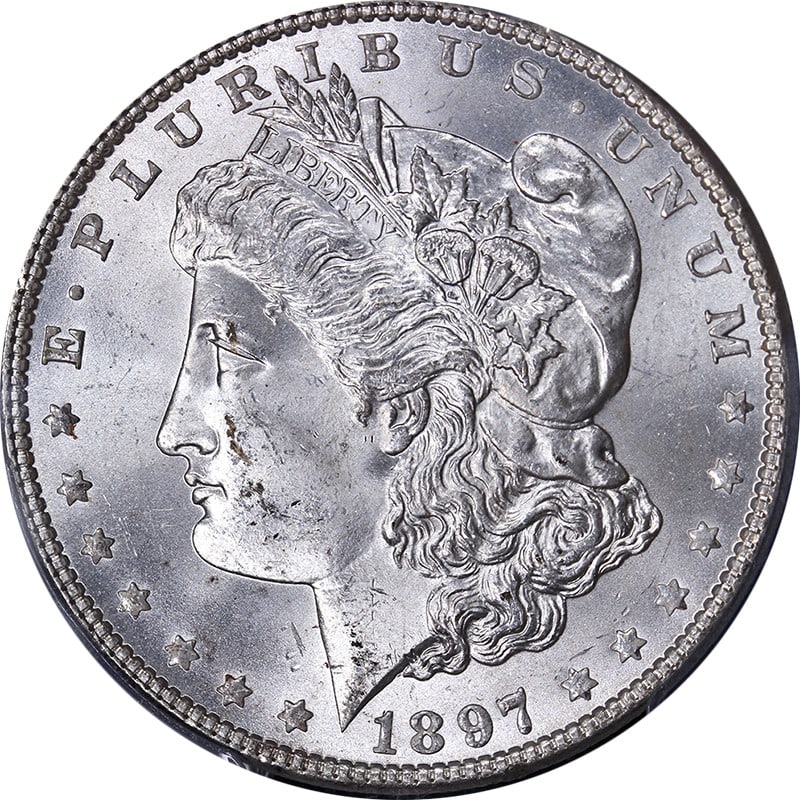 1897-P Morgan Silver Dollar PCGS MS64 Blast White Superb Luster: 1897-P Morgan Silver Dollar PCGS MS64 Blast White Superb Luster This stunning 1897-P Morgan Silver Dollar is certified by PCGS with a grade of MS64, showcasing its uncirculated condition. The coin fea