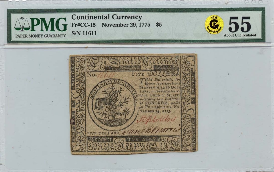 1775 $5 Continental Currency CC15 PMG AU55 Graded Note (1 of 2)