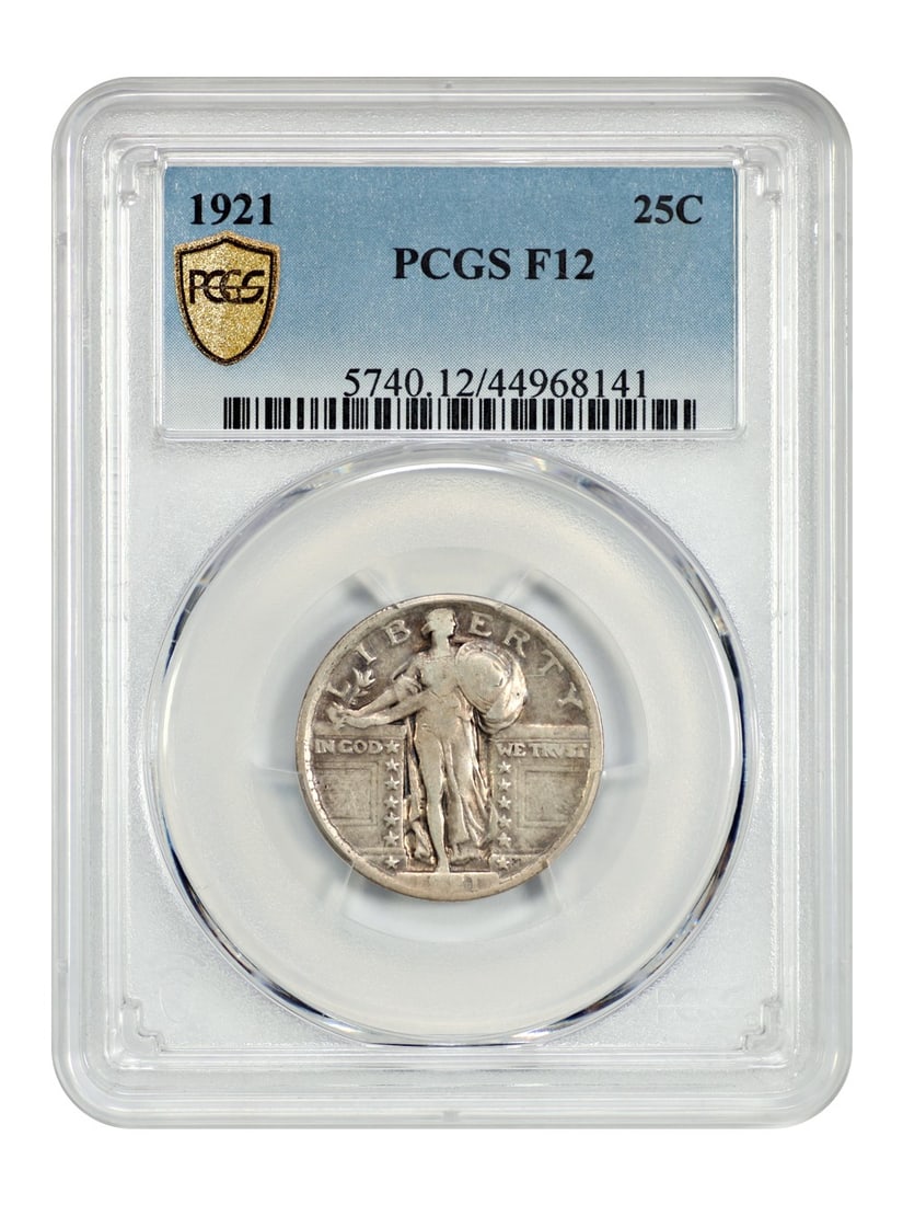 Standing Liberty Quarter 1921 PCGS Graded Fine 12 Key Date Coin: Standing Liberty Quarter 1921 PCGS Graded Fine 12 Key Date Coin This is a 1921 Standing Liberty Quarter graded Fine 12 by PCGS. Recognized as a key date in the series, this circulated coin was struck
