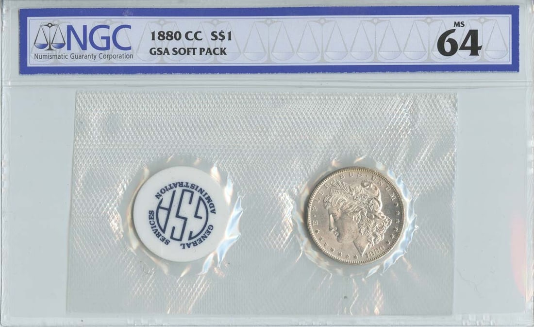 1880-CC Morgan Dollar NGC MS64 Uncirculated GSA Soft Pack: 1880-CC Morgan Dollar NGC MS64 Uncirculated GSA Soft Pack This stunning 1880-CC Morgan Dollar is a remarkable find for collectors and enthusiasts alike. Graded MS64 by NGC, this uncirculated coin show