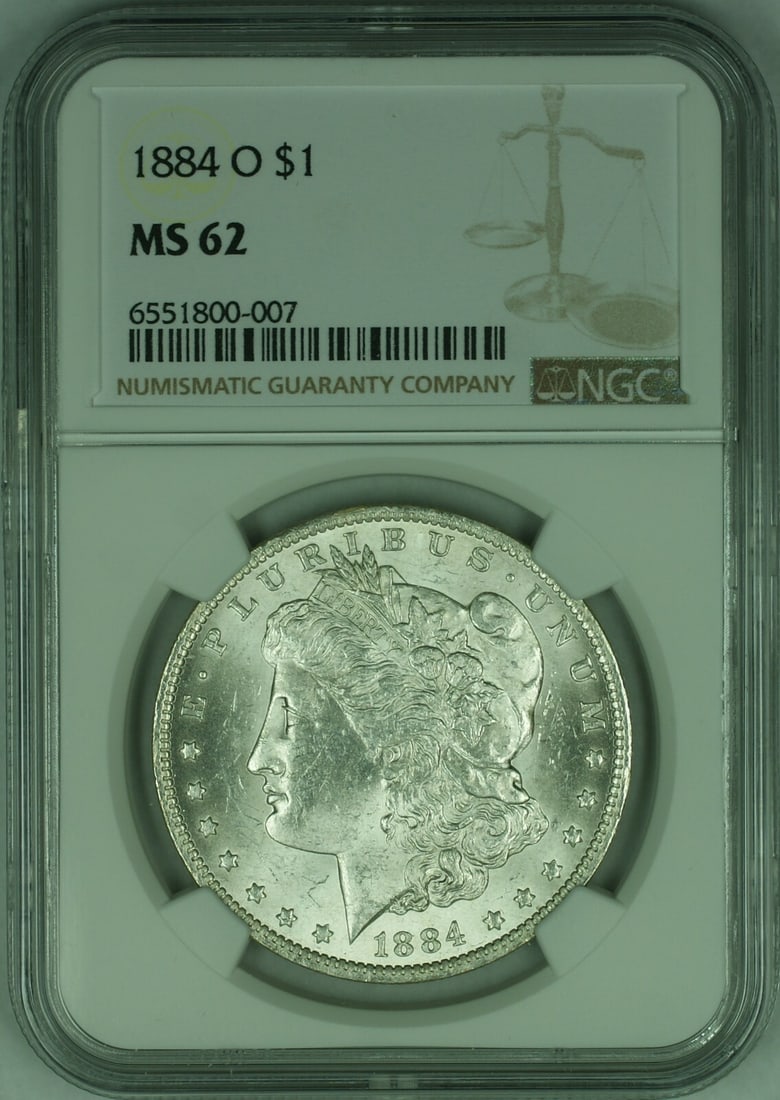 NGC MS62 1884-O Morgan Silver Dollar New Orleans Mint Uncirculated: NGC MS62 1884-O Morgan Silver Dollar New Orleans Mint Uncirculated This 1884-O Morgan Silver Dollar coin is certified by NGC with a grade of MS-62. Minted in New Orleans, it features an uncirculated c