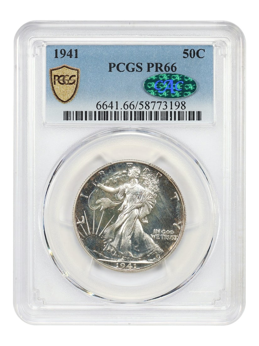 1941 Walking Liberty Half Dollar 50C Proof PCGS CAC PR66: 1941 Walking Liberty Half Dollar 50C Proof PCGS CAC PR66 This 1941 Walking Liberty Half Dollar is graded PR66 by PCGS and features CAC approval. Struck in Philadelphia, this uncirculated proof coin is