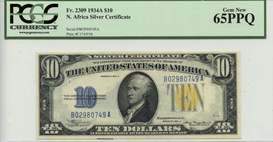 1934A $10 North Africa WWII Emergency Issue Fr# 2309 PCGS MS65 PPQ: 1934A $10 North Africa WWII Emergency Issue Fr# 2309 PCGS MS65 PPQ This 1934A $10 note from North Africa is a remarkable piece from the WWII Emergency Issue series. Graded MS65 by PCGS, it is classifi