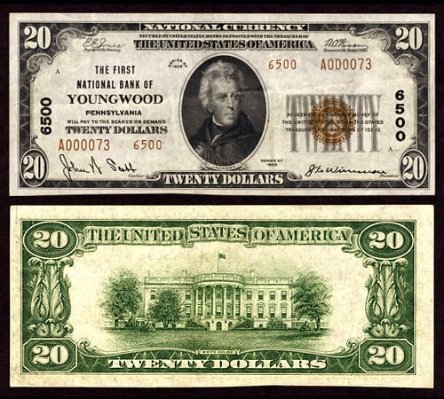 1929 T-2 $20 National Bank Note Youngwood PA Charter 6500 First NB Extra Fine: 1929 T-2 $20 National Bank Note Youngwood PA Charter 6500 First NB Extra Fine This is a 1929 Type 2 $20 National Bank Note issued by the First National Bank of Youngwood, Pennsylvania, with charter nu