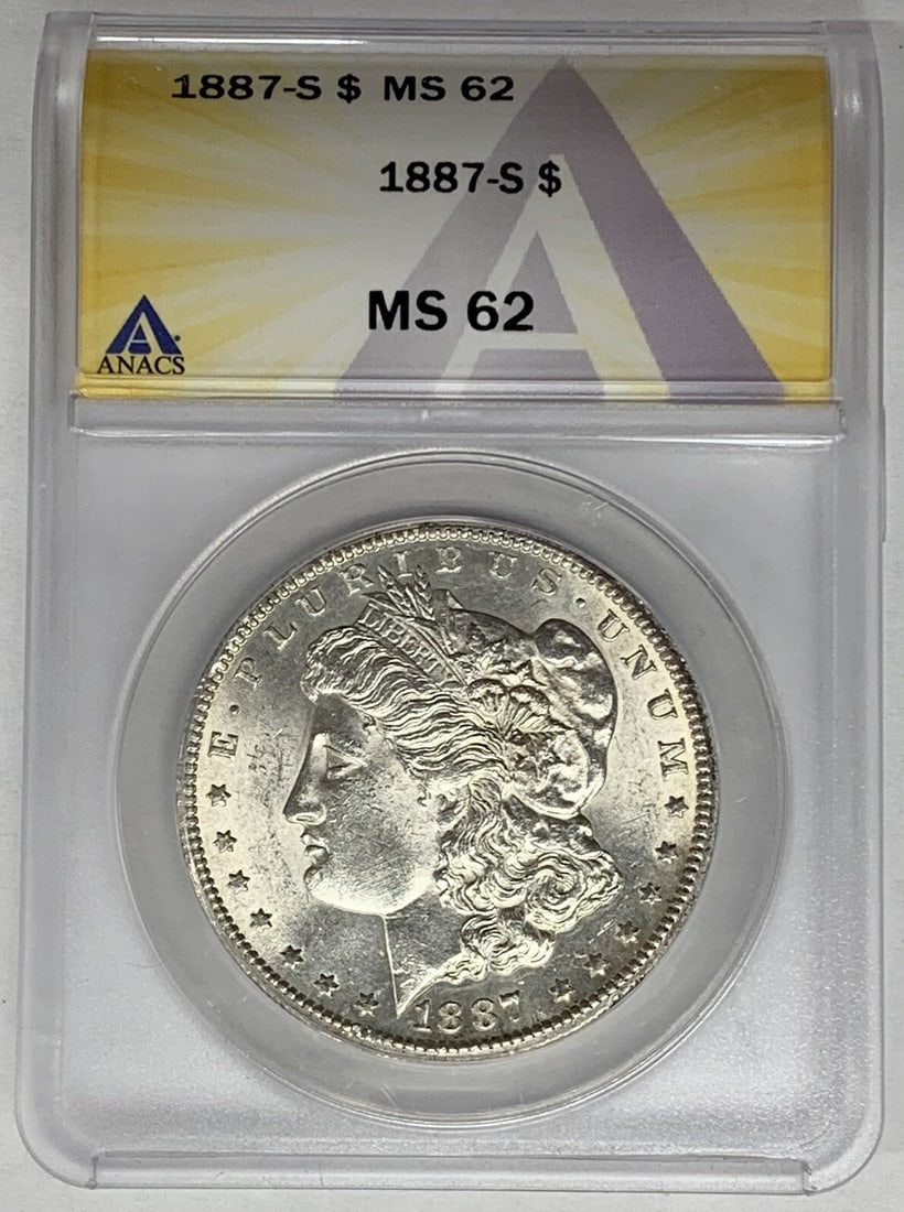 San Francisco 1887 Morgan Dollar Silver Coin ANACS MS 62 Certified: San Francisco 1887 Morgan Dollar Silver Coin ANACS MS 62 Certified This is an 1887-S Morgan Silver Dollar coin certified by ANACS with a grade of MS 62. Struck at the San Francisco Mint, this uncircul