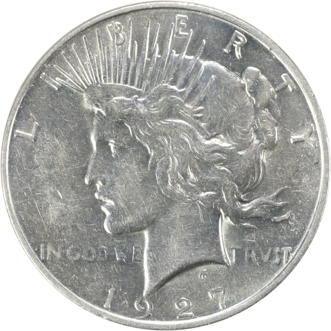 1927 Denver Peace Dollar 90 Percent Silver AU Grade Uncertified Coin: 1927 Denver Peace Dollar 90 Percent Silver AU Grade Uncertified Coin This is a 1927-D Peace Silver Dollar from the Denver Mint, featuring a composition of 90% silver and 10% copper. Designed by Anthon