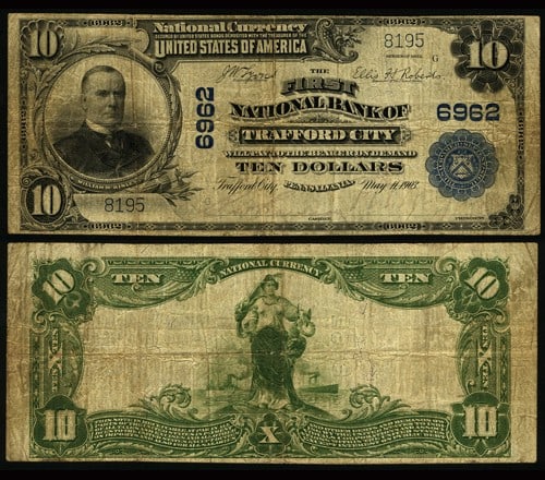 1902 $10 Trafford City PA National Bank Note Ch #6962 Fine+: 1902 $10 Trafford City PA National Bank Note Ch #6962 Fine+ This 1902 PB $10 National Bank Note from Trafford City, PA, is a notable piece for collectors. Graded as Fine+, this banknote showcases orig