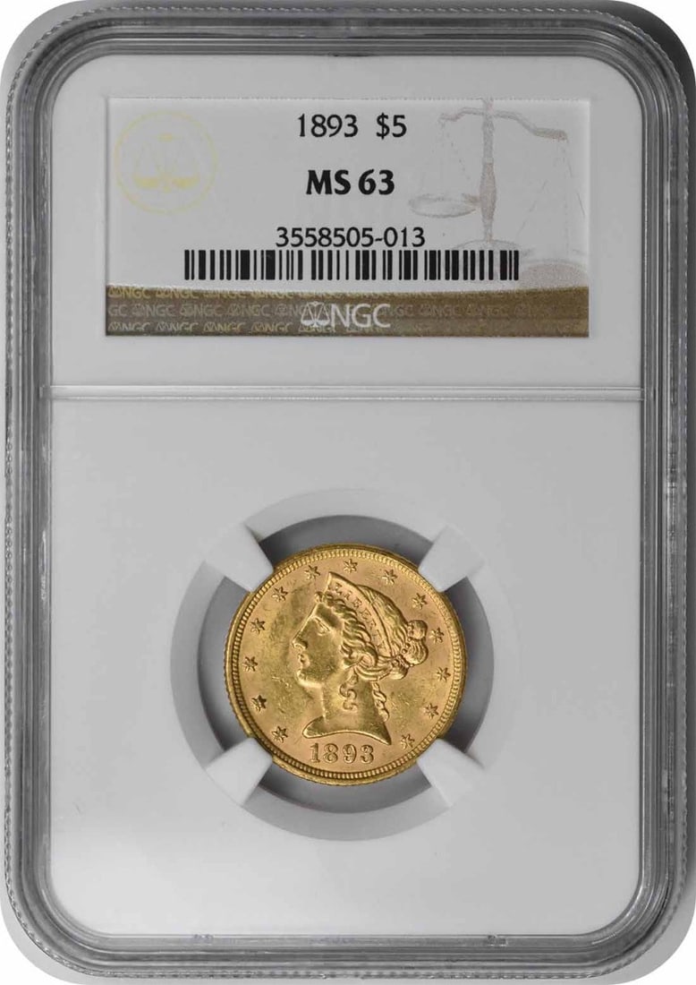 NGC MS63 1893 Liberty Head $5 Gold Coin Philadelphia Mint: NGC MS63 1893 Liberty Head $5 Gold Coin Philadelphia Mint This 1893 $5 Gold Liberty Head coin is certified MS63 by NGC and was struck at the Philadelphia Mint. Designed by Christian Gobrecht, it is co
