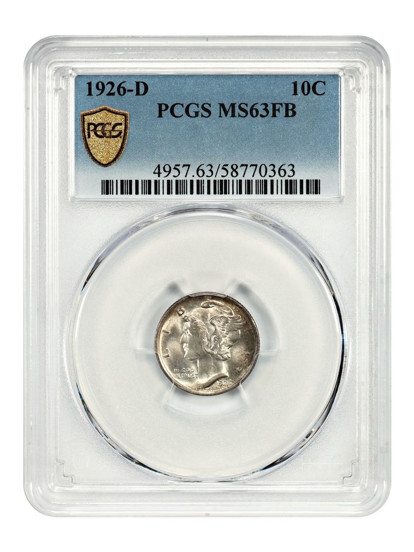 1926-D Mercury Dime PCGS MS63FB Denver Uncirculated: 1926-D Mercury Dime PCGS MS63FB Denver Uncirculated This 1926-D Mercury Dime is certified by PCGS with a grade of MS63FB, indicating it is uncirculated with full bands detail. Minted in Denver, this c
