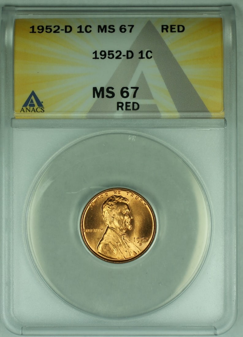 ANACS MS67 RD 1952-D Lincoln Wheat Cent Small Cent Coin: ANACS MS67 RD 1952-D Lincoln Wheat Cent Small Cent Coin This is a 1952-D Lincoln Wheat Cent 1C coin from the United States, graded MS 67 RD by ANACS. The coin is uncirculated and features the distinct