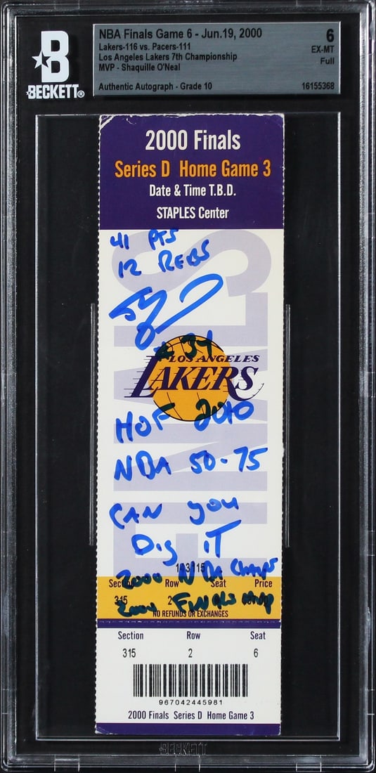 Shaquille O'Neal Signed 2000 NBA Finals Game 6 Ticket Beckett Authenticated: Shaquille O'Neal Signed 2000 NBA Finals Game 6 Ticket Beckett Authenticated This remarkable item is a signed full ticket stub from Game 6 of the 2000 NBA Finals, featuring Shaquille O'Neal's impressiv