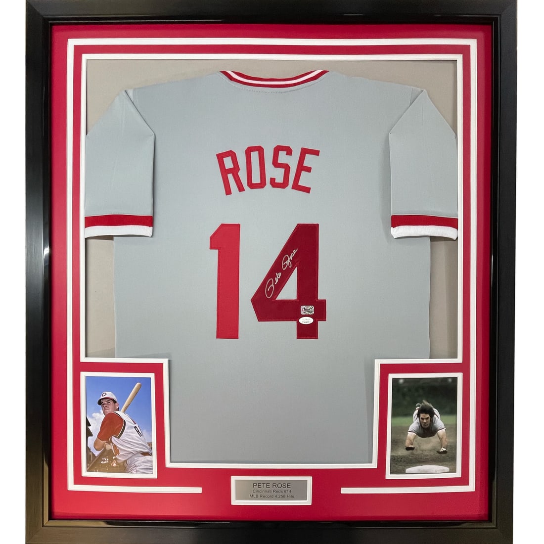 Framed Autographed Pete Rose Cincinnati Reds Jersey with JSA COA: Framed Autographed Pete Rose Cincinnati Reds Jersey with JSA COA This professionally framed and matted display features an autographed Cincinnati Reds jersey by Pete Rose, one of baseball's all-time g
