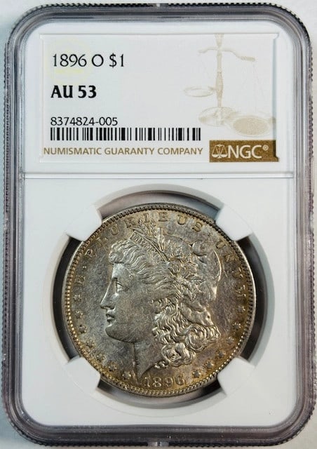 NGC AU 53 1896 O Silver Dollar from New Orleans Mint: NGC AU 53 1896 O Silver Dollar from New Orleans Mint This 1896 O Morgan Silver Dollar has been certified by NGC with a grade of AU 53, indicating it is in About Uncirculated condition. Minted in New O