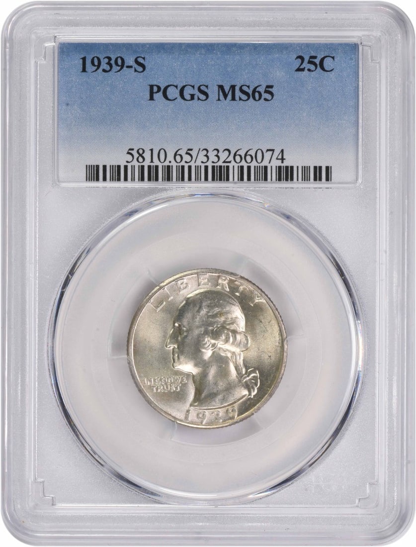1939-S Washington Silver Quarter MS65 Certified PCGS: 1939-S Washington Silver Quarter MS65 Certified PCGS This 1939-S Washington Silver Quarter is a stunning example of numismatic craftsmanship. Graded MS65 by PCGS, this coin is in uncirculated conditio
