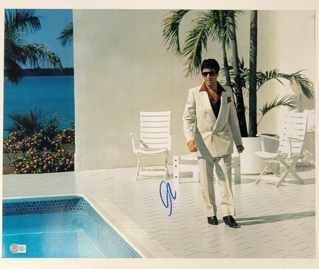 Al Pacino Autographed 16x20 Scarface Photo Beckett Certified: Al Pacino Autographed 16x20 Scarface Photo Beckett Certified This is an original 16x20 photograph signed by the legendary actor Al Pacino, known for his iconic role in "The Godfather." The autograph h