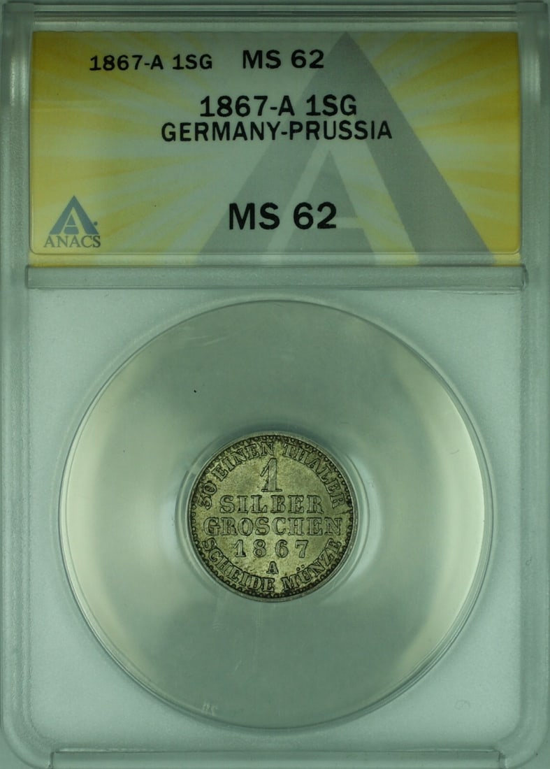 ANACS MS-62 Certified 1867-A Silver Groschen from Germany-Prussia: ANACS MS-62 Certified 1867-A Silver Groschen from Germany-Prussia This is an 1867-A Germany-Prussia 1SG Groschen coin composed of silver. The coin is uncirculated and has been certified by ANACS with