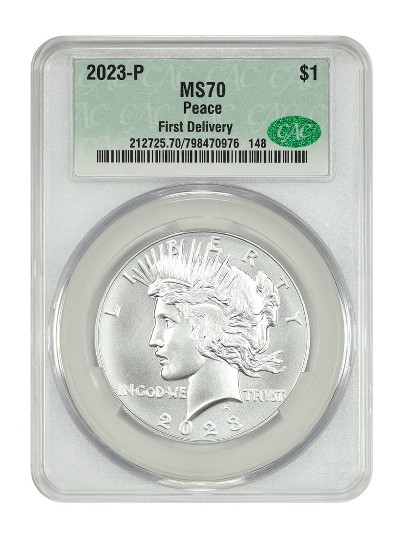CACG MS70 2023 Philadelphia Peace Dollar First Delivery: CACG MS70 2023 Philadelphia Peace Dollar First Delivery This is a 2023-P Peace Dollar graded MS70 by CACG, recognized as a First Delivery issue. The coin is uncirculated and was minted in Philadelphia