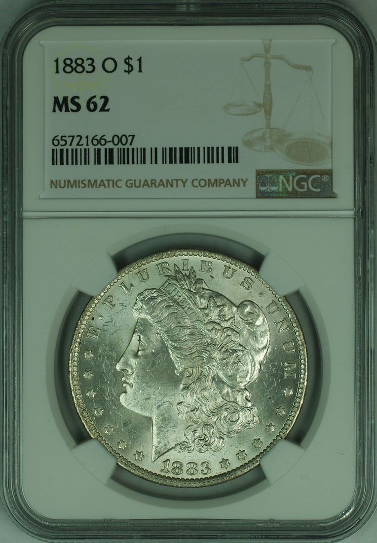 NGC MS-62 1883-O Morgan Dollar Silver $1 Coin New Orleans Mint: NGC MS-62 1883-O Morgan Dollar Silver $1 Coin New Orleans Mint This is an 1883-O Morgan Silver Dollar, certified by NGC with a grade of MS-62. Minted in New Orleans, this uncirculated coin is composed