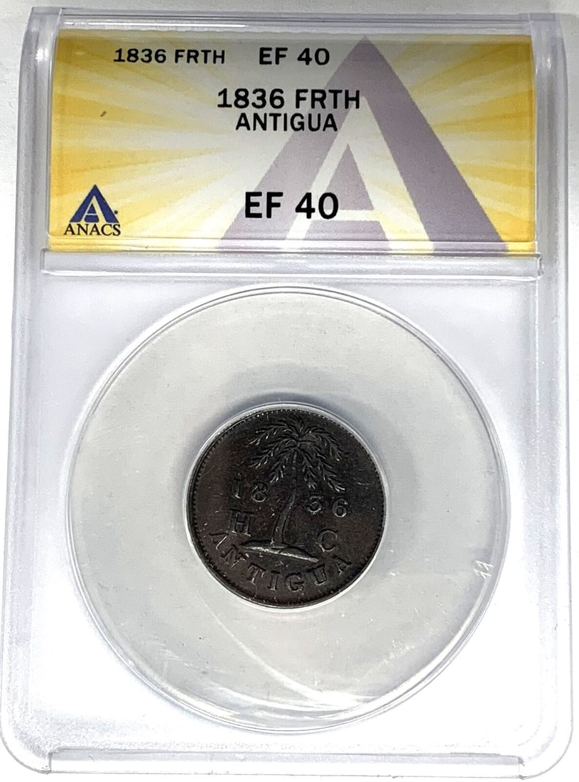 1836 Copper 1 Farthing Coin from Antigua ANACS XF 40 Certified: 1836 Copper 1 Farthing Coin from Antigua ANACS XF 40 Certified This 1836 Antigua 1 Farthing coin is composed of copper and was circulated in Antigua. It has been certified by ANACS with a grade of Ext