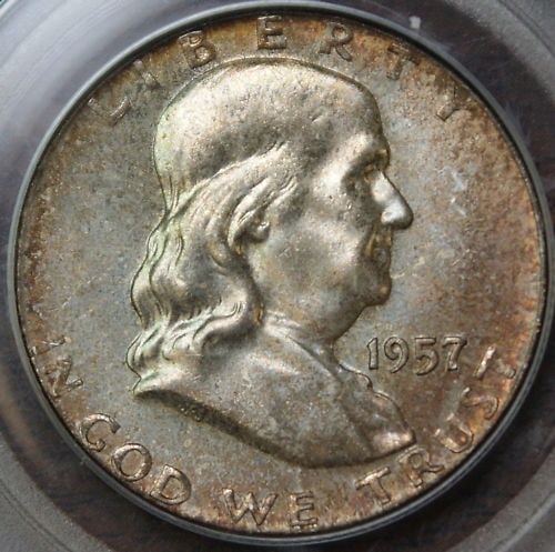 PCGS MS-64 1957 Silver Franklin Half Dollar with Attractive Toning: PCGS MS-64 1957 Silver Franklin Half Dollar with Attractive Toning This 1957 Franklin Silver Half Dollar from the Philadelphia Mint is graded MS-64 by PCGS and features attractive toning on both sides
