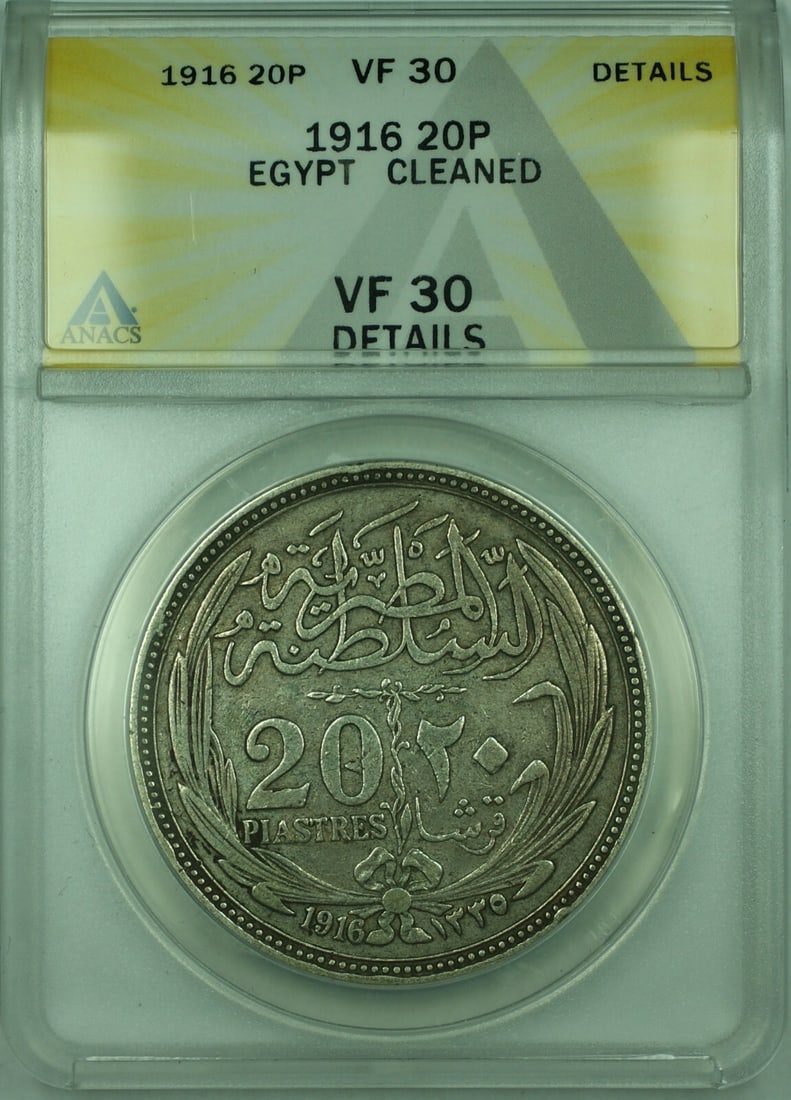 Egypt 1916 Silver 20 Piastres Coin ANACS VF 30 Details Cleaned KM321: Egypt 1916 Silver 20 Piastres Coin ANACS VF 30 Details Cleaned KM321 This is a 1916 Egyptian 20 Piastres (Qirsh) silver coin, certified by ANACS with a grade of VF 30 Details and noted as cleaned. The
