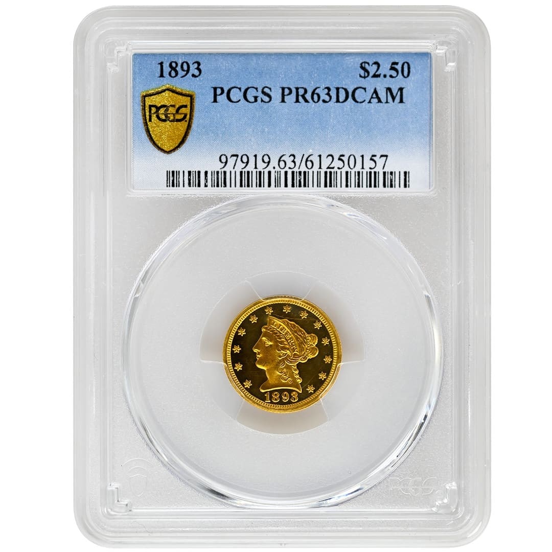 1893 Liberty Head $2.50 Gold Proof Deep Cameo Quarter Eagle PCGS PR63DCAM: 1893 Liberty Head $2.50 Gold Proof Deep Cameo Quarter Eagle PCGS PR63DCAM This is an 1893 $2.50 Liberty Head Quarter Eagle gold coin, certified by PCGS as PR63DCAM. Struck in Philadelphia from a low m