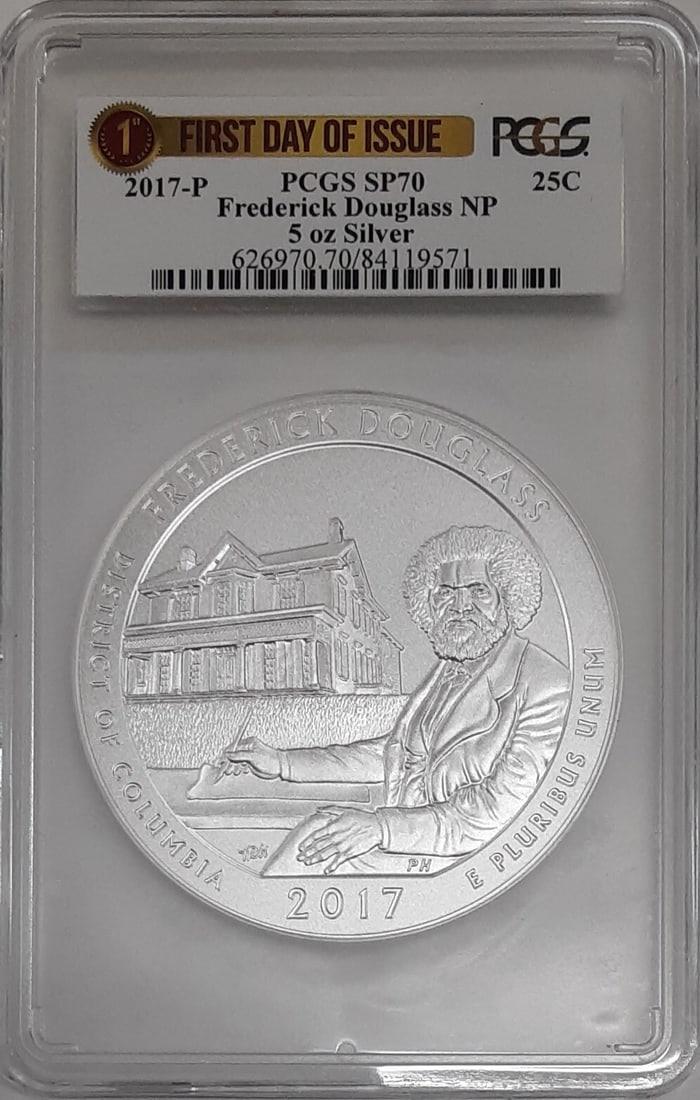 5 oz Silver 2017 Frederick Douglass 25c Quarter PCGS SP70 Philadelphia Issue: 5 oz Silver 2017 Frederick Douglass 25c Quarter PCGS SP70 Philadelphia Issue This 2017-P Frederick Douglass National Historic Site 25-cent quarter is struck in 5 troy ounces of .999 fine silver. Grade