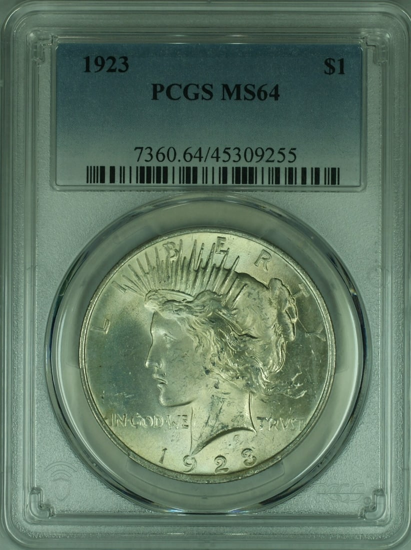 PCGS MS64 1923 Peace Dollar Silver Coin United States Philadelphia Mint: PCGS MS64 1923 Peace Dollar Silver Coin United States Philadelphia Mint This 1923 Peace Silver Dollar is graded MS-64 by PCGS and was minted in Philadelphia. Composed of silver, this uncirculated coin