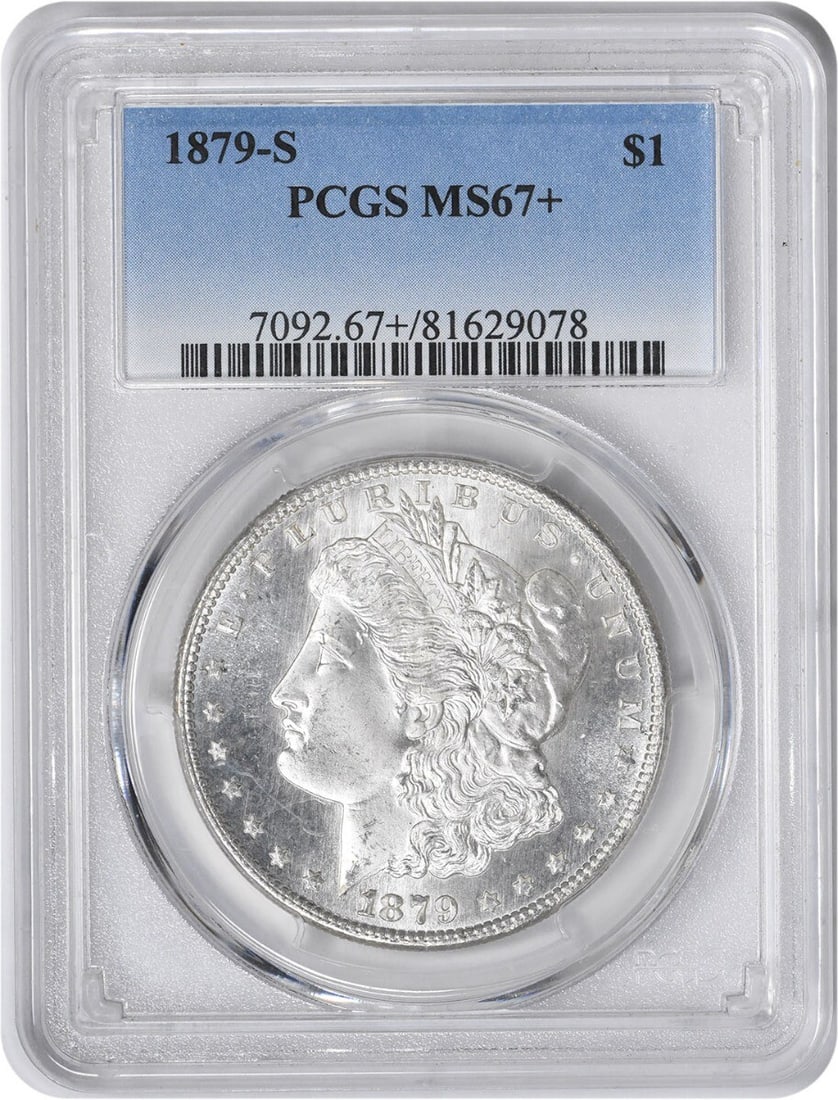 1879-S Morgan Silver Dollar MS67 PCGS Uncirculated Coin: 1879-S Morgan Silver Dollar MS67 PCGS Uncirculated Coin This 1879-S Morgan Silver Dollar is a stunning example of numismatic artistry, certified by PCGS with a grade of MS67+. Struck in 90% silver and