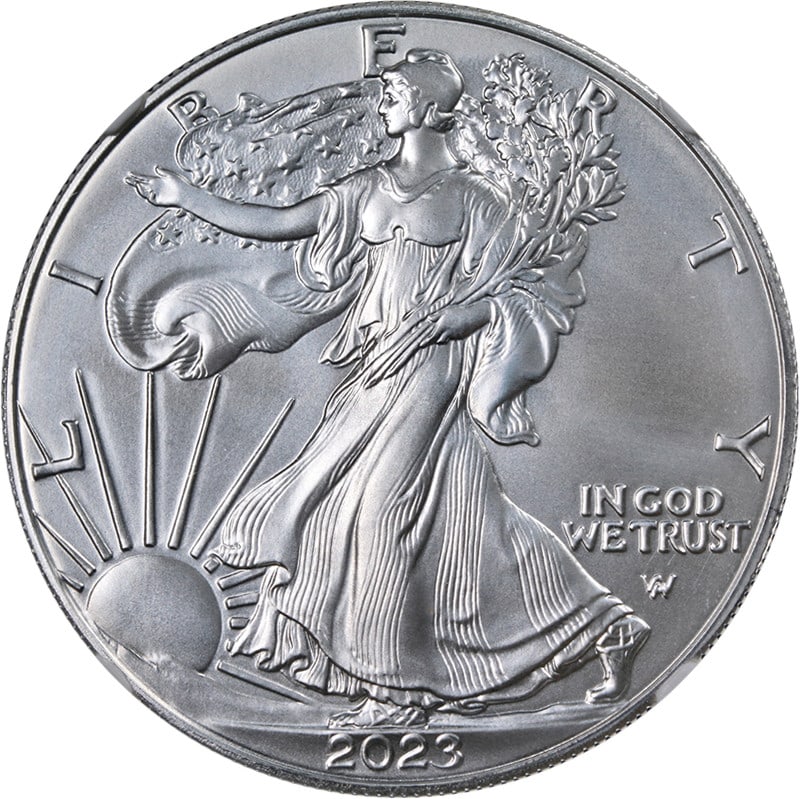 NGC MS70 2023 Silver Eagle Dollar Brown Label Certified Coin: NGC MS70 2023 Silver Eagle Dollar Brown Label Certified Coin This 2023 Silver American Eagle $1 coin is certified by NGC with a grade of MS70 and features the Brown Label. Crafted from .999 fine silve
