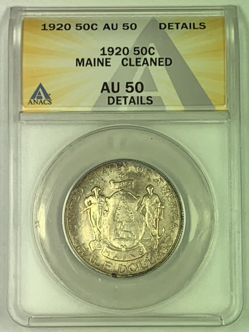 ANACS AU-50 1920 Maine Silver Commemorative Half Dollar Coin: ANACS AU-50 1920 Maine Silver Commemorative Half Dollar Coin This is a 1920 Maine Commemorative Silver Half Dollar with a denomination of 50 cents. Certified by ANACS with an AU-50 Details grade, this
