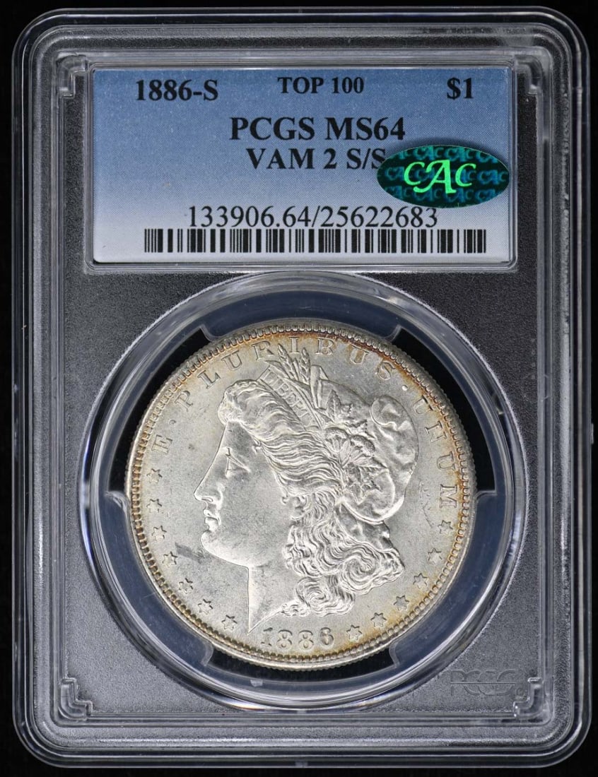 1886-S Morgan Dollar PCGS MS64 CAC San Francisco: 1886-S Morgan Dollar PCGS MS64 CAC San Francisco This stunning 1886-S Morgan Dollar showcases the artistry of American coinage, graded MS64 by PCGS with a CAC designation, confirming its exceptional q