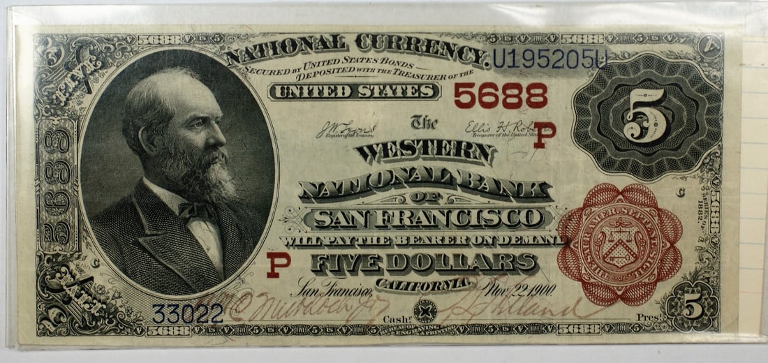 1882 Five Dollar Western Bank San Francisco National Currency Note CH 5688 (1 of 2)