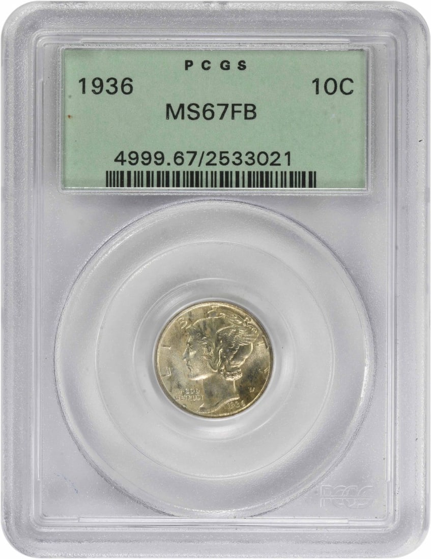 1936 Mercury Silver Dime MS67FB PCGS Uncirculated 90% Silver: 1936 Mercury Silver Dime MS67FB PCGS Uncirculated 90% Silver This 1936 Mercury Silver Dime, graded MS67FB by PCGS, is an impressive example of coinage from the Philadelphia mint. Crafted from 90% silv