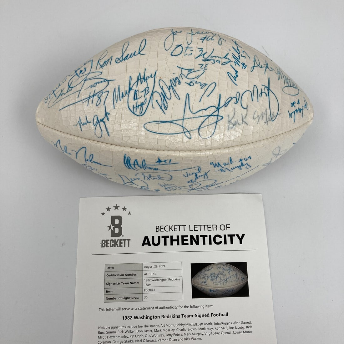 1982 Washington Redskins Team Signed Football with Beckett COA: 1982 Washington Redskins Team Signed Football with Beckett COA Celebrate the legacy of the 1982 Washington Redskins with this officially licensed Super Bowl Championship football, a true collector's i