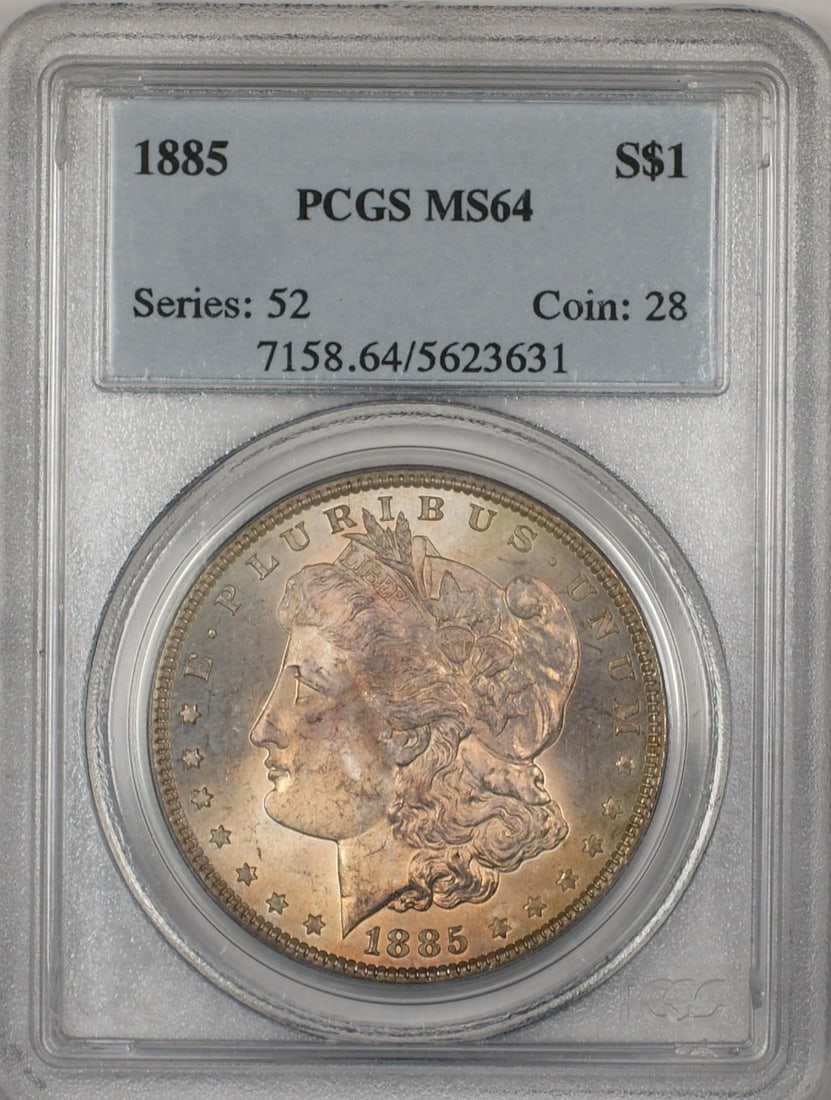 PCGS MS-64 1885 Silver Morgan Dollar from Philadelphia Nicely Toned: PCGS MS-64 1885 Silver Morgan Dollar from Philadelphia Nicely Toned This 1885 Morgan Silver Dollar is certified by PCGS with an MS-64 grade, indicating it is in uncirculated condition. The coin featur