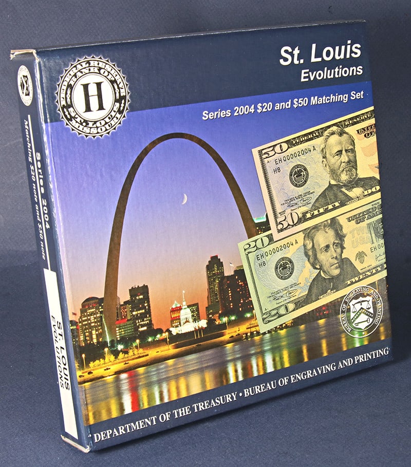 2004 Series $20 & $50 St. Louis Matching Evolutions Set: 2004 Series $20 & $50 St. Louis Matching Evolutions Set This 2004 Series $20 & $50 Matching Evolutions Set features notes from the St. Louis Federal Reserve, designated with the unique serial number #
