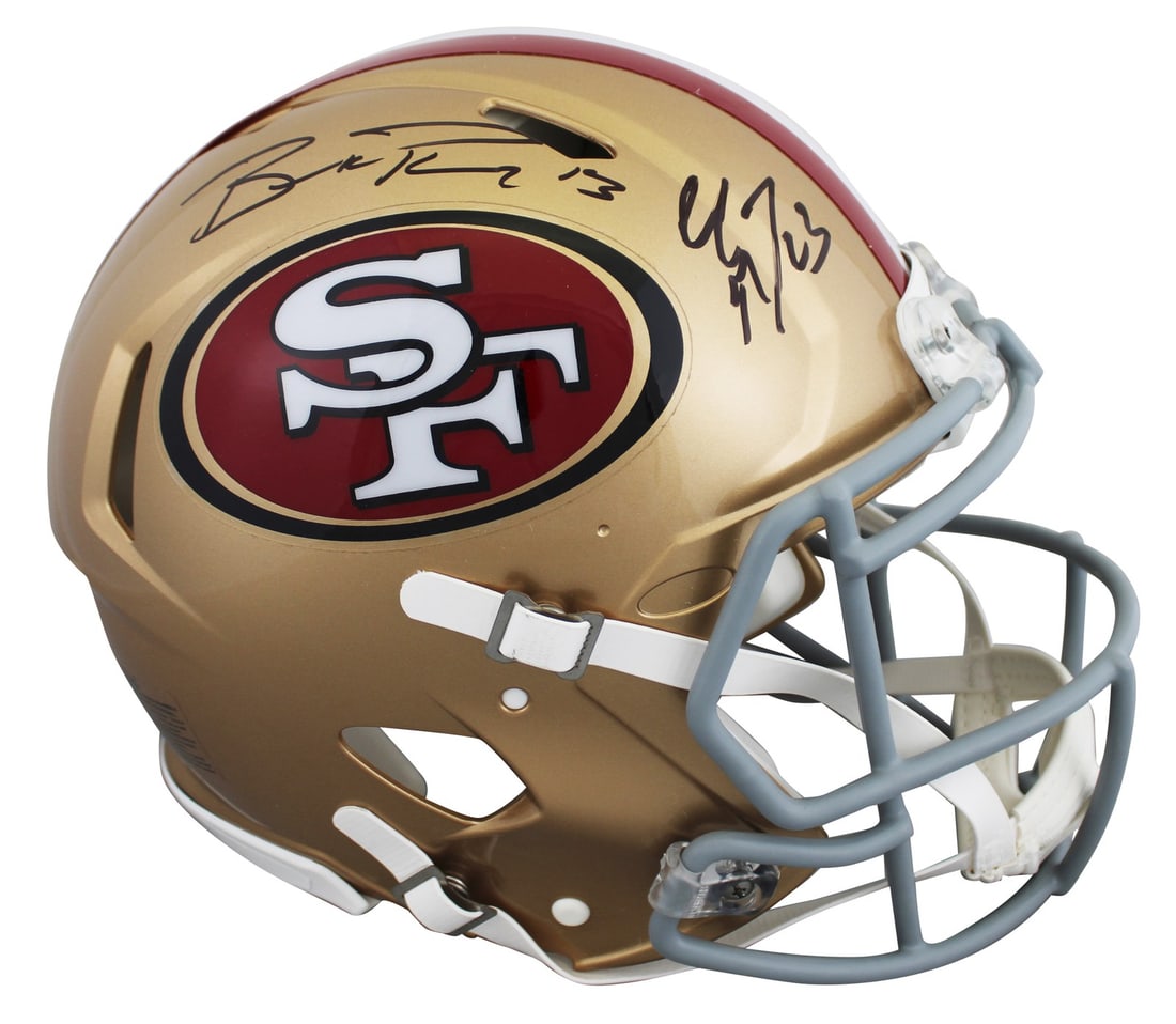 San Francisco 49ers Signed McCaffrey Purdy F/S Speed Helmet with Fanatics COA: San Francisco 49ers Signed McCaffrey Purdy F/S Speed Helmet with Fanatics COA This authentic full-size Speed Proline helmet has been personally signed by NFL stars Christian McCaffrey and Brock Purdy