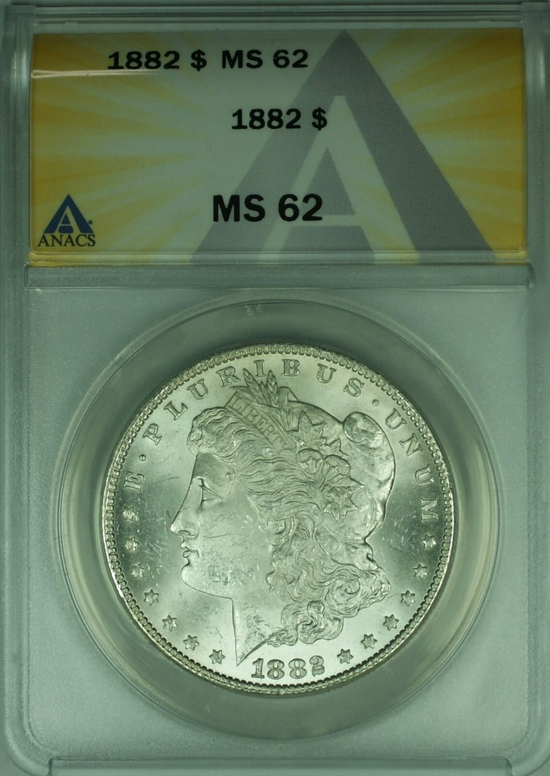 ANACS MS-62 Graded 1882 Silver Morgan Dollar Philadelphia Mint: ANACS MS-62 Graded 1882 Silver Morgan Dollar Philadelphia Mint This is an uncirculated 1882 Morgan Silver Dollar graded MS-62 by ANACS. Struck at the Philadelphia Mint, this coin is composed of silver