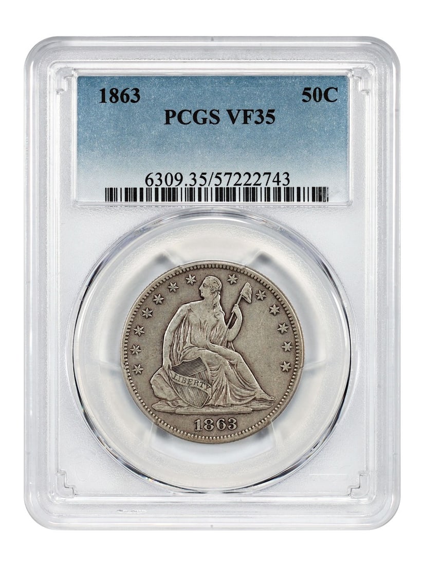 PCGS Graded VF35 1863 Liberty Seated Half Dollar 50C Coin: PCGS Graded VF35 1863 Liberty Seated Half Dollar 50C Coin This is an 1863 Liberty Seated Half Dollar graded VF35 by PCGS. The coin is circulated and was minted in Philadelphia. It belongs to the Liber