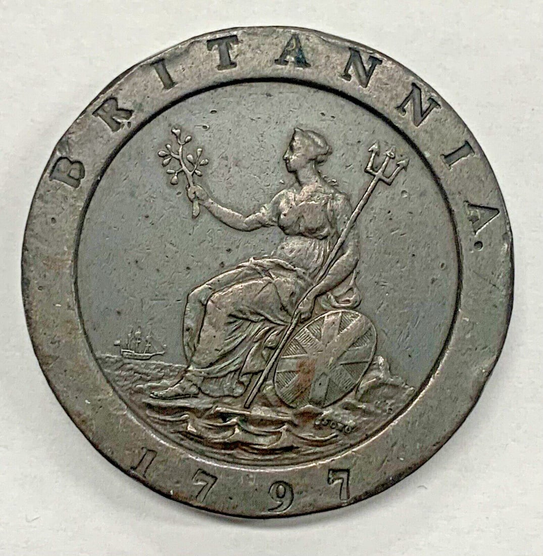 1797 United Kingdom Cartwheel Two Pence Copper Coin: 1797 United Kingdom Cartwheel Two Pence Copper Coin This is a 1797 Great Britain 2 Penny Cartwheel coin, composed of copper. The coin is circulated and originates from the United Kingdom. It is uncert