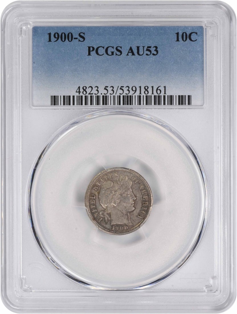 1900-S Barber Dime AU53 PCGS Certified Silver Coin: 1900-S Barber Dime AU53 PCGS Certified Silver Coin This 1900-S Barber Silver Dime, graded AU53 by PCGS, is a stunning example of early 20th-century American coinage. Struck in San Francisco, this circ